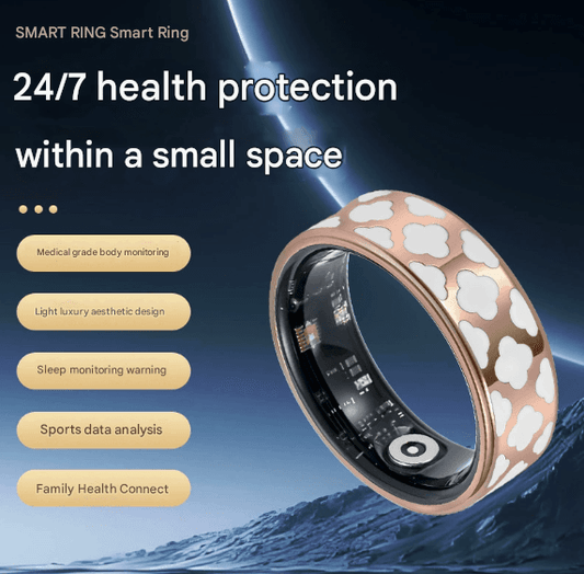 Smart health tracker ring with white clover-pattern band and black sensor display