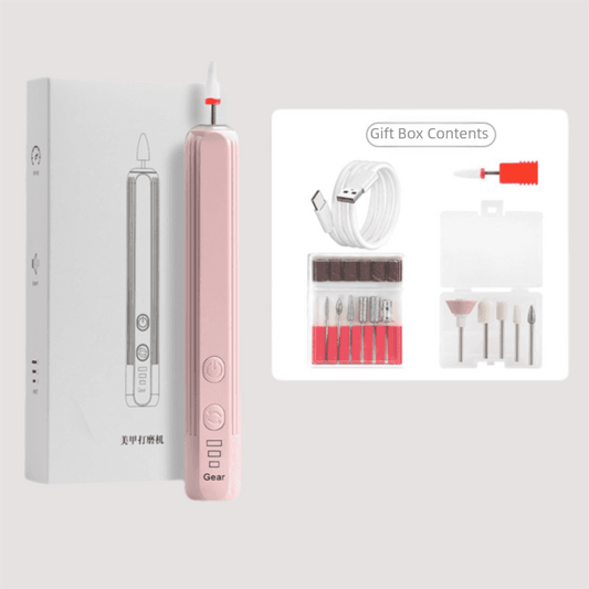 Pink electric nail drill with 10 bits, charging cable, and storage case