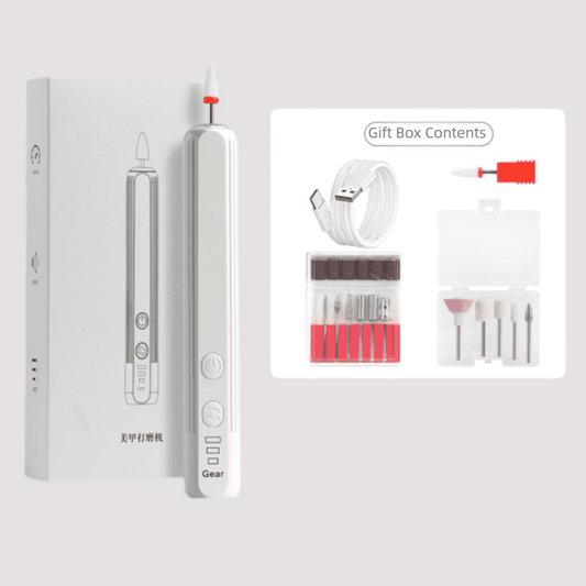 Portable electric nail drill kit, white handle, with USB cable and assorted drill bits