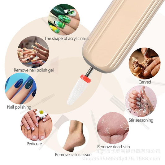 Portable electric nail drill with spinning bit, shown with nail care icons and tips