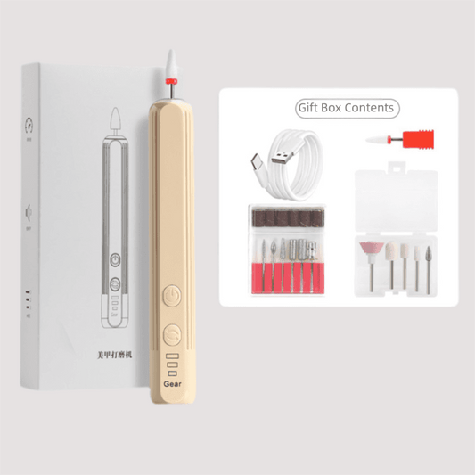 Portable electric nail drill kit with beige handle and 10 accessory bits