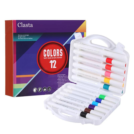 12 soft brush tip acrylic marker set in white plastic case with colored caps