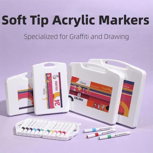 Soft tip acrylic marker set with open cases and markers, assorted colored tips