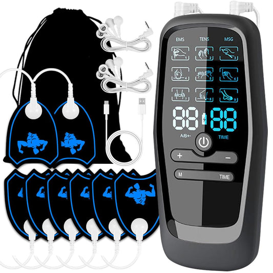 Dual channel EMS/TENS microcurrent massager device with adhesive patches and cable set