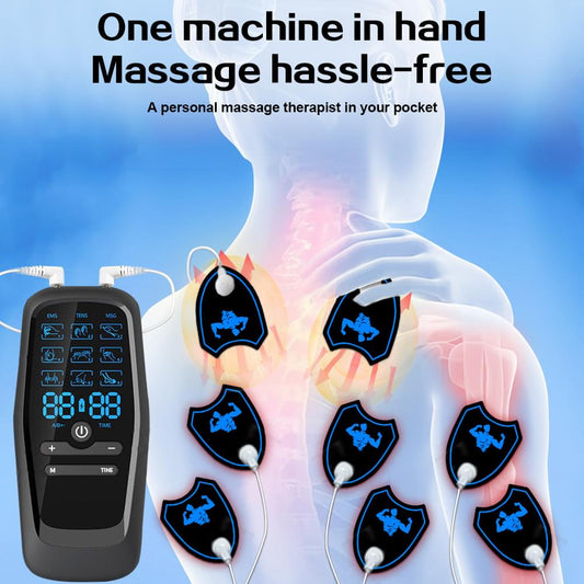 EMS/TENS microcurrent massager with adhesive electrode pads for upper back