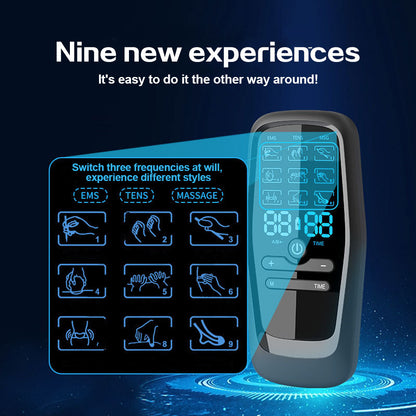 Dual Channel EMS TENS Microcurrent Massager Device with 9 Modes Pain Relief Stimulator & 4 Pairs of Patches