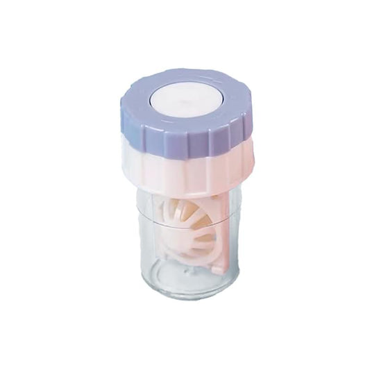 Blue contact lens cleaner case with round lid and clear rotating insert