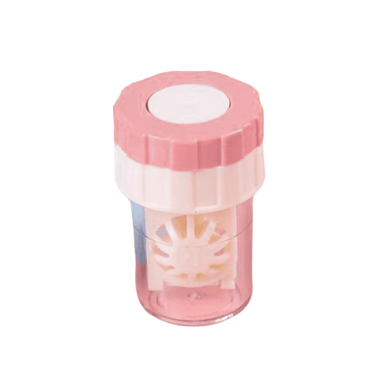Portable contact lens cleaner case with pink lid and rotating white holder