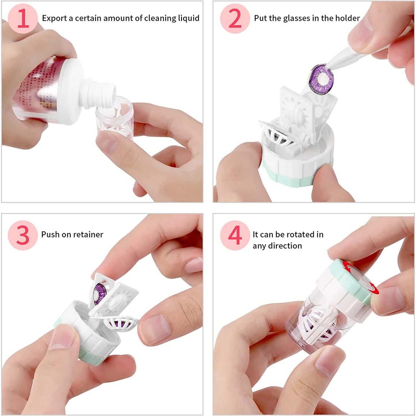 4-PCS Pink Manual Rotation Contact Lens Cleaner Case - Portable Cosmetic Lenses Storage Container & Travel Cleaning Kit