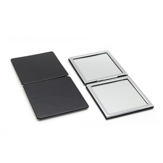 Square folding compact mirror set with black PU cover, two mirror panels