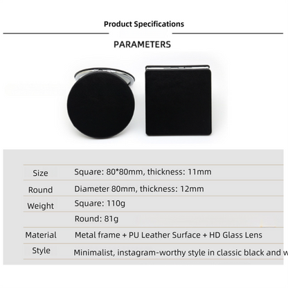 4-Pack Black Jumbo Round Portable Makeup Mirror(8x8CM) - Pocket Cosmetic Mirror for Touch-Ups, PU Leather Cover & Metal Frame