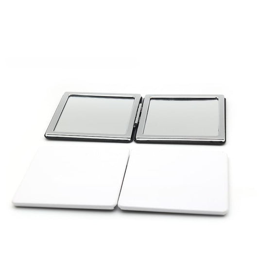 Folding square compact mirror with white PU leather cover and hinged glass panel