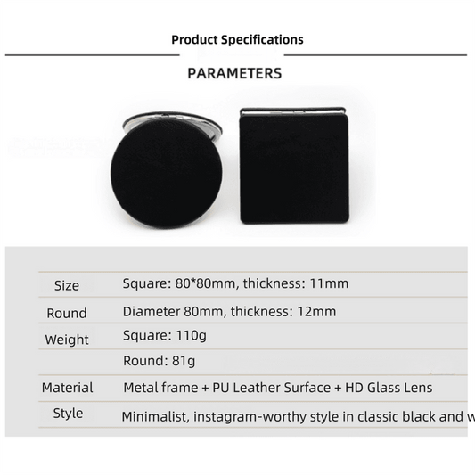 Square compact mirror with black PU leather cover and metal frame