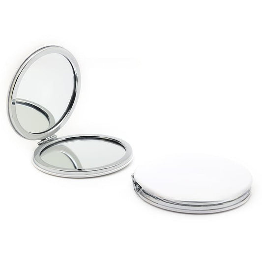Pocket compact makeup mirror set, two round chrome mirrors with hinged cover