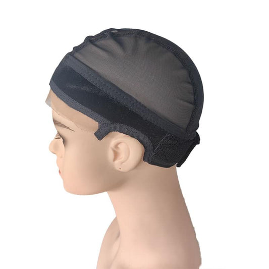 Black open-ear wig cap with adjustable band and lace front