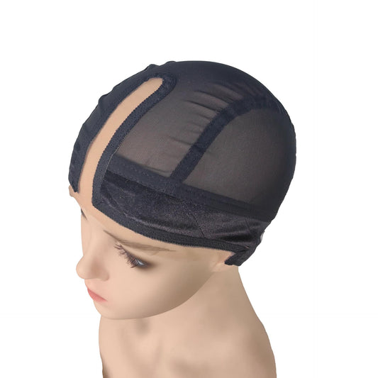 Black U-part covered-ear wig cap with sheer lace panel, snug fit