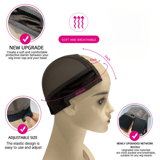 Dark brown U-part wig cap on mannequin with adjustable elastic and covered ears