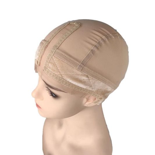 Beige U-part covered-ear wig cap with lace front on mannequin head