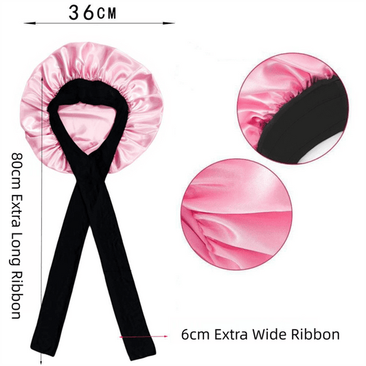 Rose pink satin bonnet with extra-wide black ribbon ties and matching ruffle crown