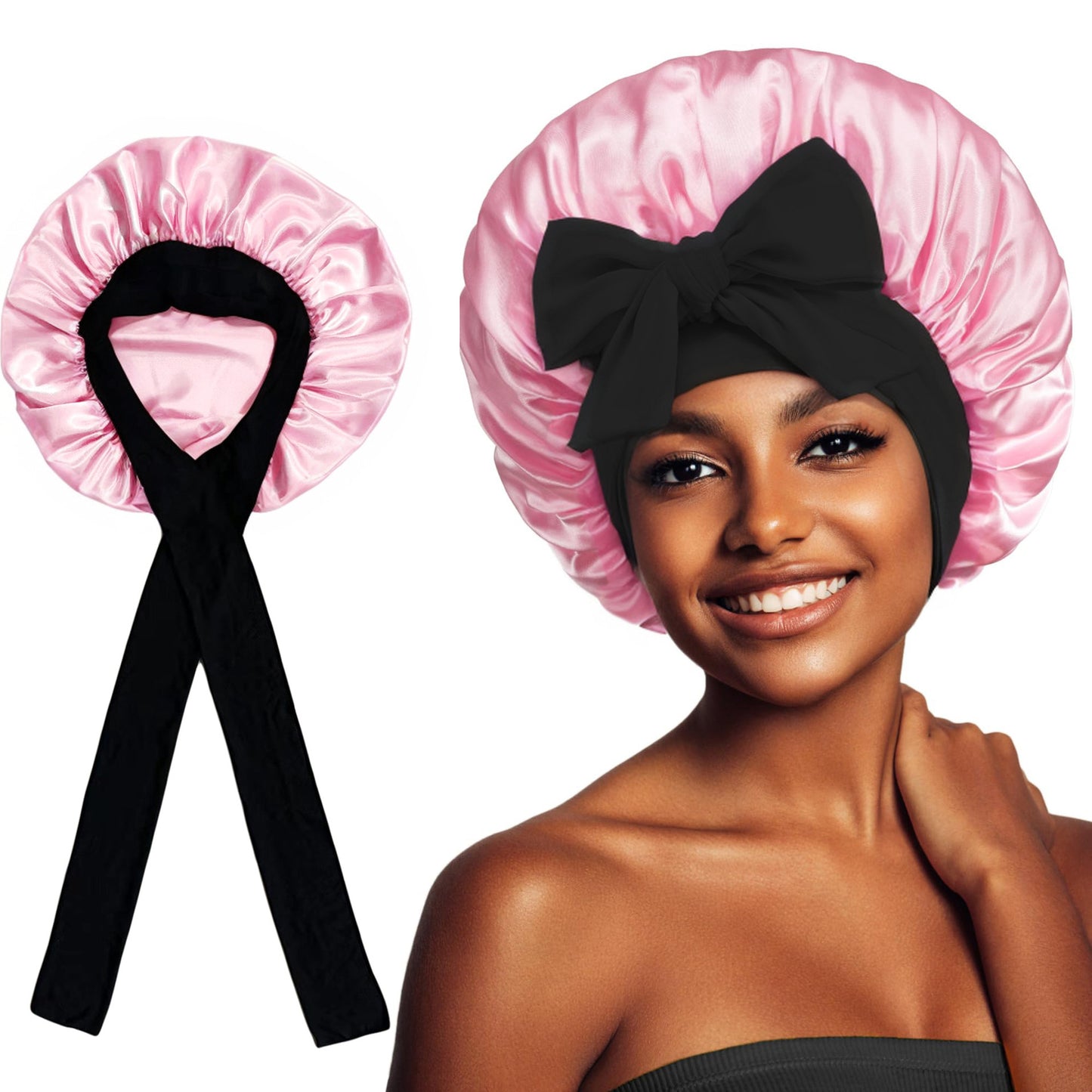2-Pack Rose Pink Satin Bonnet with Wide Band and Bow Tie - Hair Care Sleep Cap and Turban for Women