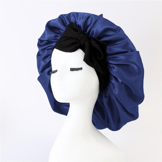 Blue satin sleep bonnet with wide band and large black bow tie