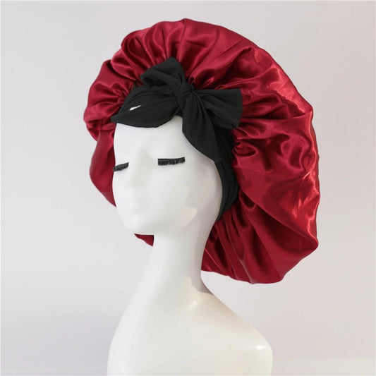 Wine red satin sleep bonnet with wide band and black bow tie, gathered edge