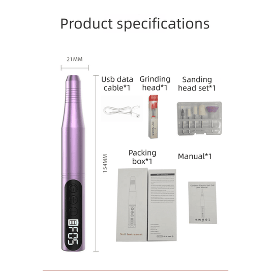 Purple portable electric nail drill with accessory set and USB cable shown