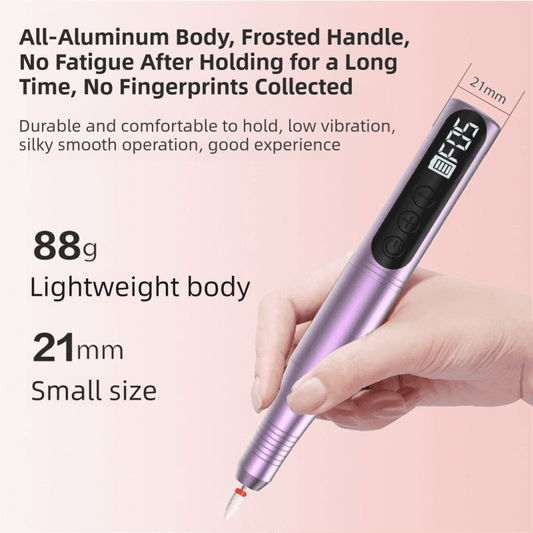 Purple electric nail drill with frosted handle and LCD screen, held in a hand
