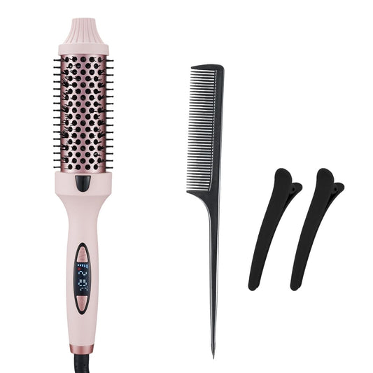 Pink hair straightening and curling brush with black bristle roller and clips