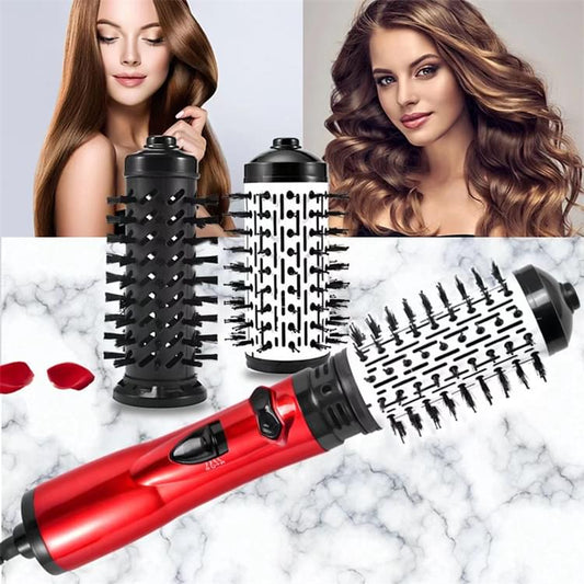 Red hot air hair styler brush with rotating curling barrel and vented bristles