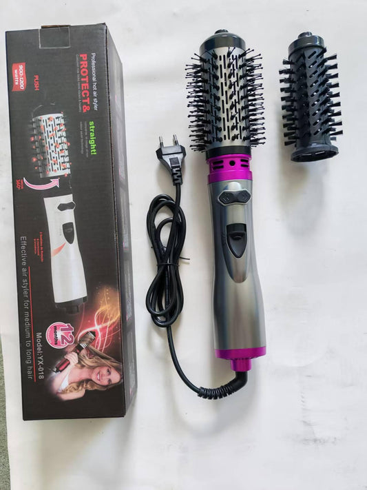Grey and purple rotating hot air hair styler with detachable curling brushes and cord