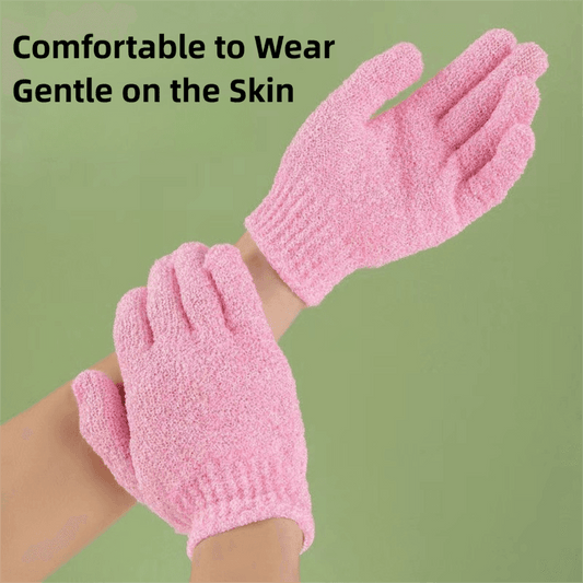 Pink exfoliating bath mitt, double-sided scrubbing texture with elastic wristband