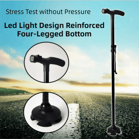 Folding LED walking cane with 4-prong base and curved double handles, black