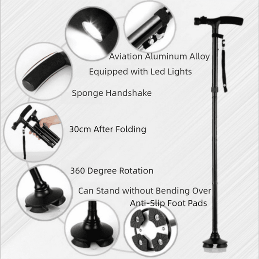 Folding LED walking cane with anti-slip foot pads, black, with built-in light accents