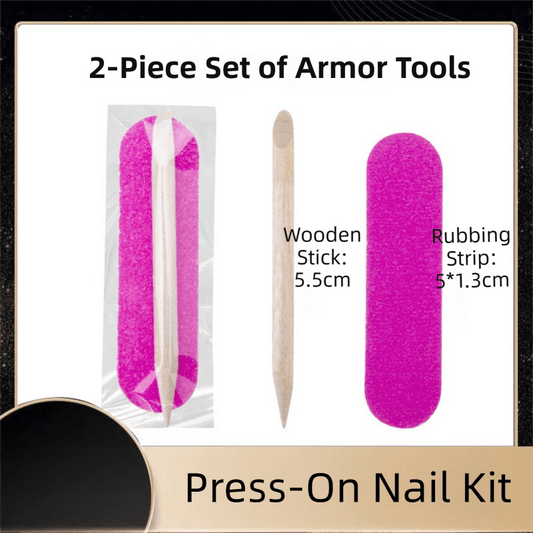 Press-on nail prep kit: wooden sticks and pink rub strips for smoothing nails