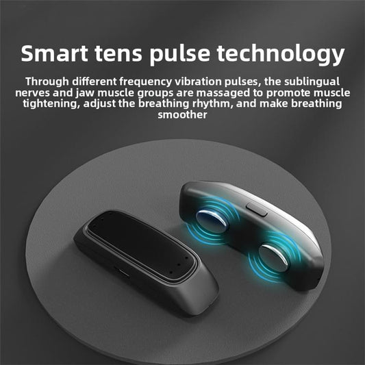 TENS pulse snore stopper device, dark gray with glowing circular vents