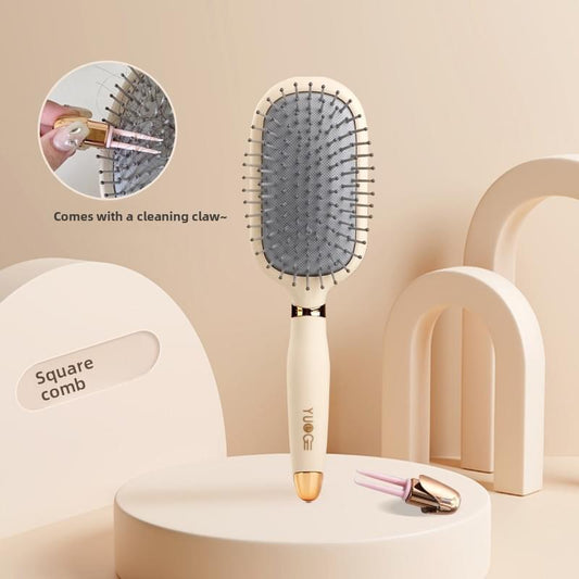 Square hair brush, grey air-cushion pad, long pins, gold handle, with cleaning claw