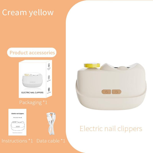 Cream electric nail clipper and grinder with yellow top cap, 2-in-1 design