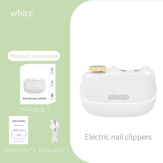 White electric nail clipper with grinder head and two side buttons