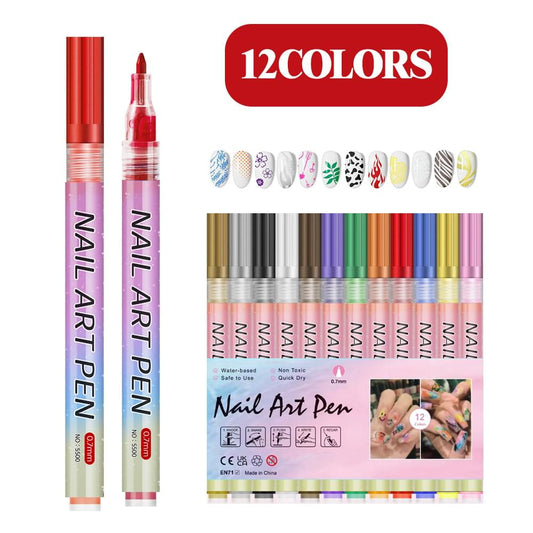 Nail art pen set with 12 fine-tip markers, multi-color water-based paint pens