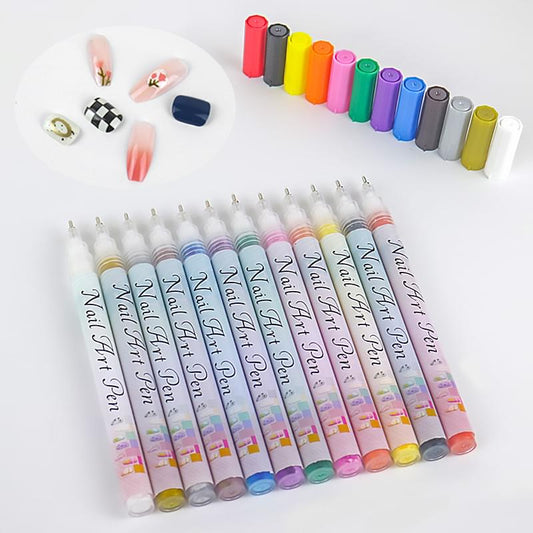 12-color nail art marker pen set with fine tips, shown with sample painted nails