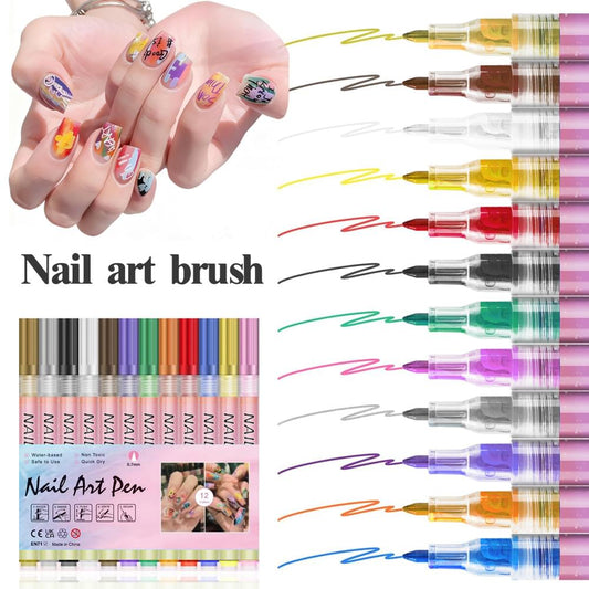 Nail art marker pens with fine tips and colored caps, shown with decorated nails