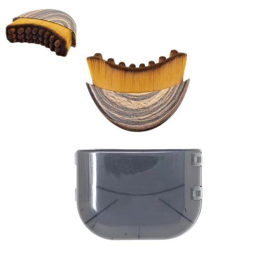 Pair of curved face brush heads with yellow bristles and gray swirled base plus holder