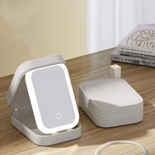 White LED makeup mirror with touch light and hinged jewelry storage box base for travel
