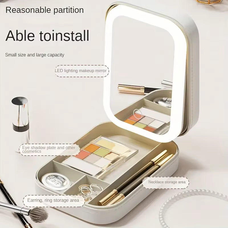 White Portable LED Makeup Mirror with Jewellery Storage Box Touch Screen Adjustable Light Travel Cosmetic Organizer Case