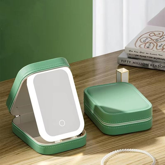 Green portable LED makeup mirror on stand with touch button and included storage box