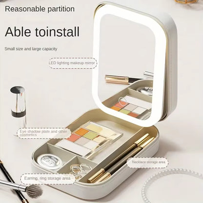 Green Portable LED Makeup Mirror with Jewellery Storage Box Touch Screen Adjustable Light Travel Cosmetic Organizer Case