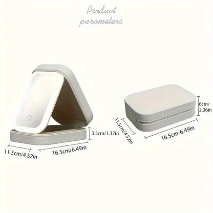 Green Portable LED Makeup Mirror with Jewellery Storage Box Touch Screen Adjustable Light Travel Cosmetic Organizer Case