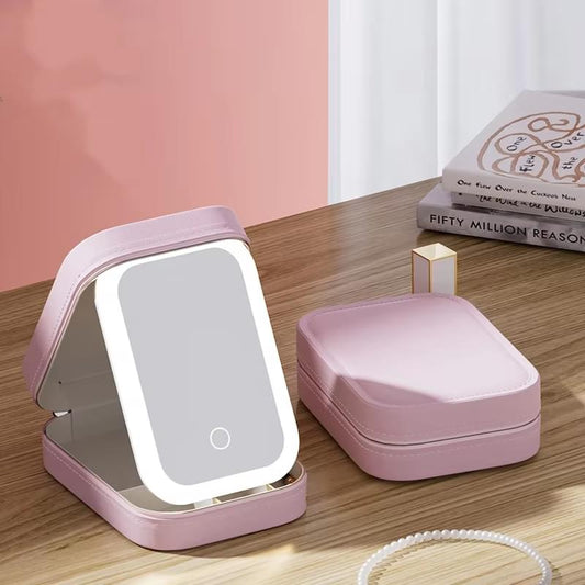Pink portable LED makeup mirror with touch control, foldable stand, and storage box
