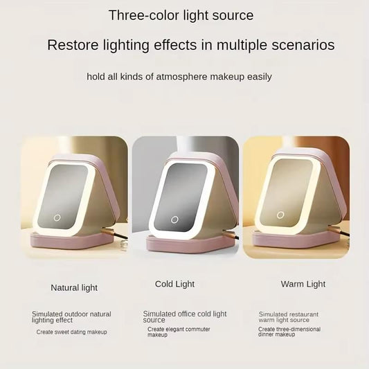 Pink LED makeup mirror with three light modes: natural, cold, and warm